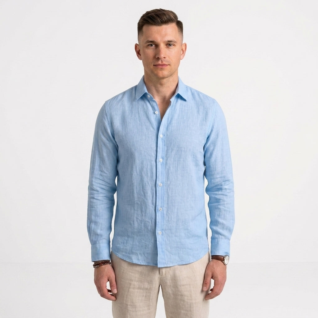 Lniana Koszula Z Klasycznym Kołnierzykiem I Długim Rękawem